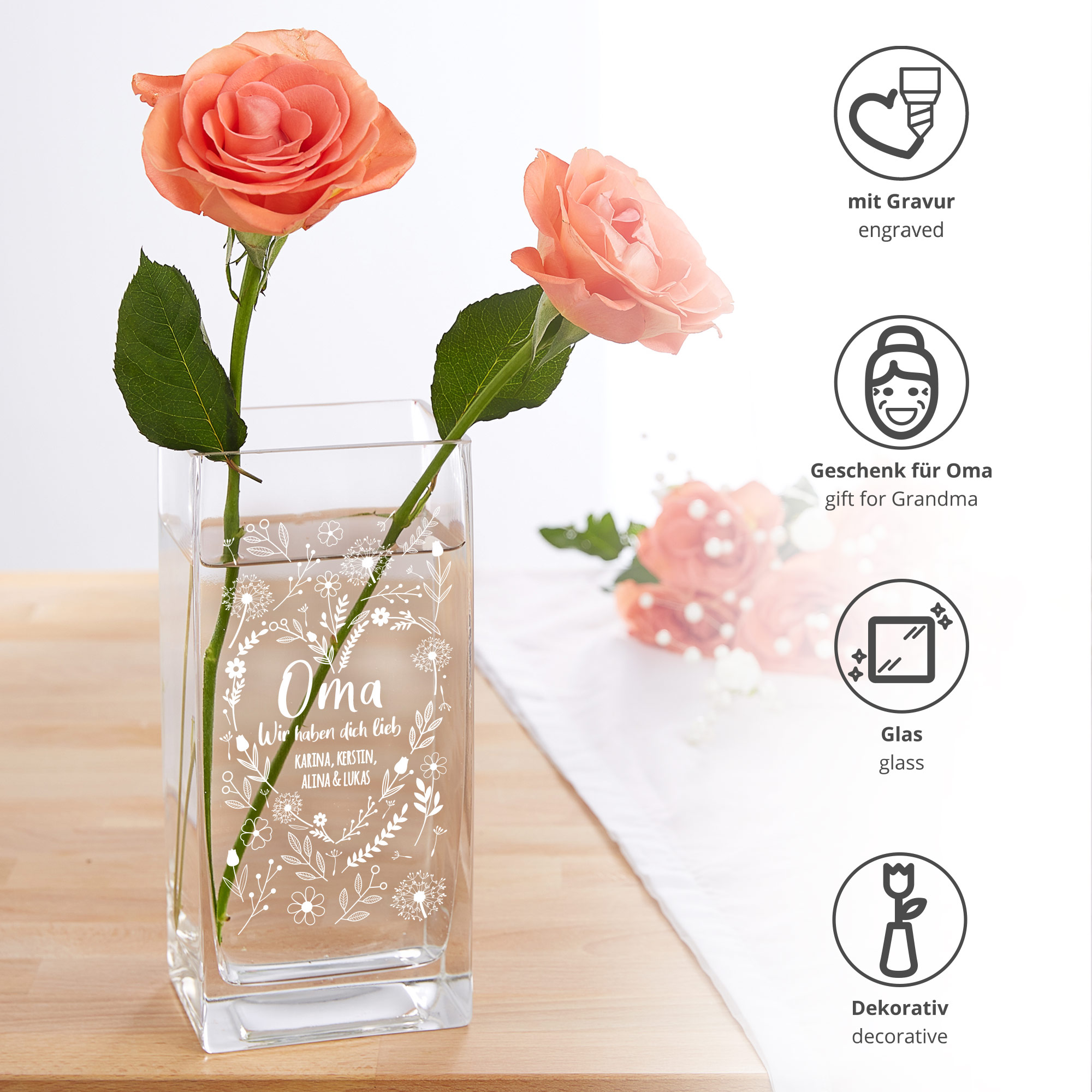 Vase mit Gravur - Blumenherz für Oma 4152 - 3
