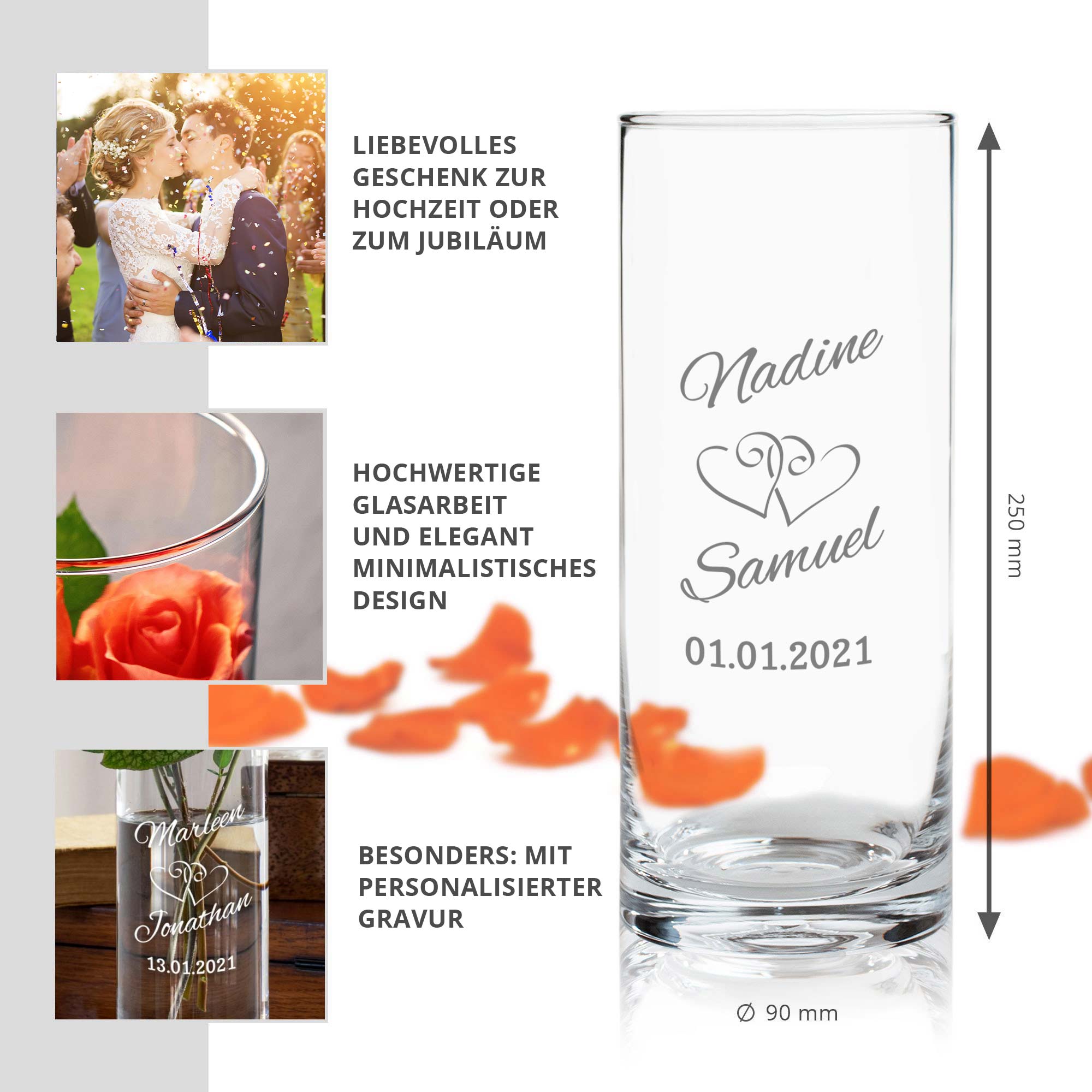 Runde Vase zur Hochzeit - Herzen Gravur