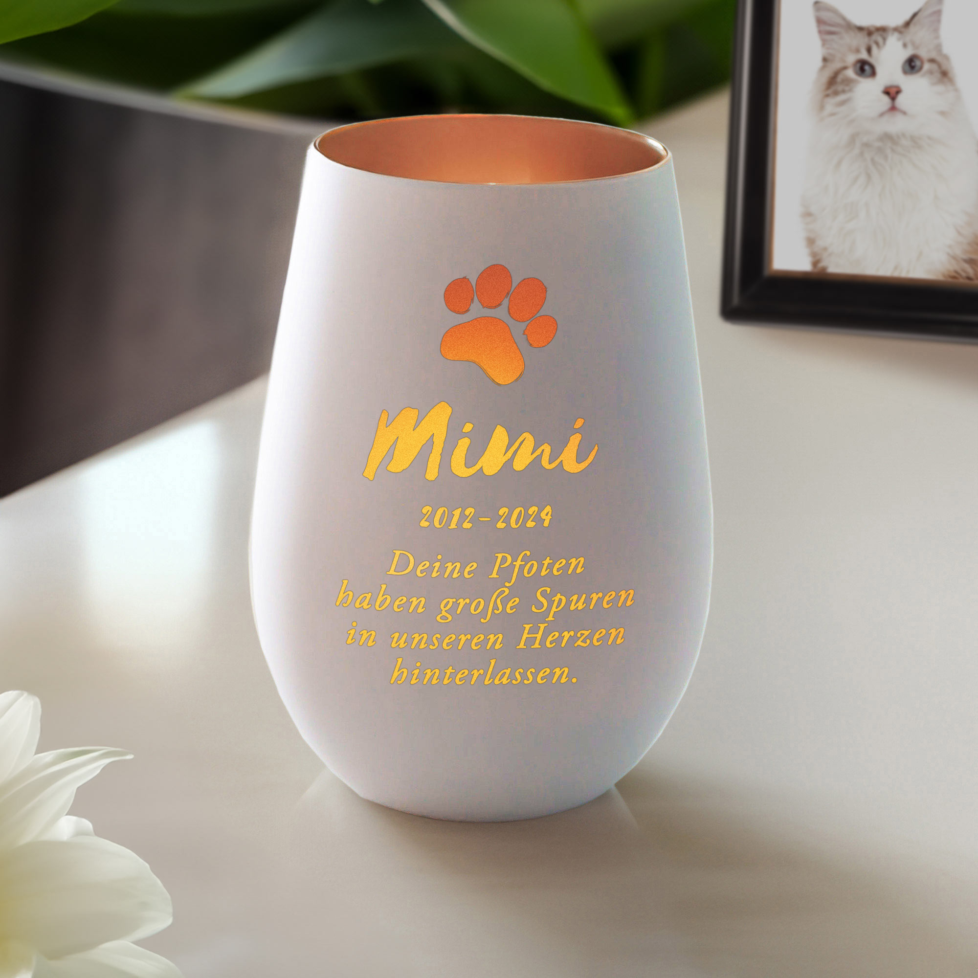 Weißes Windlicht zur Trauer für Katze - Bronze