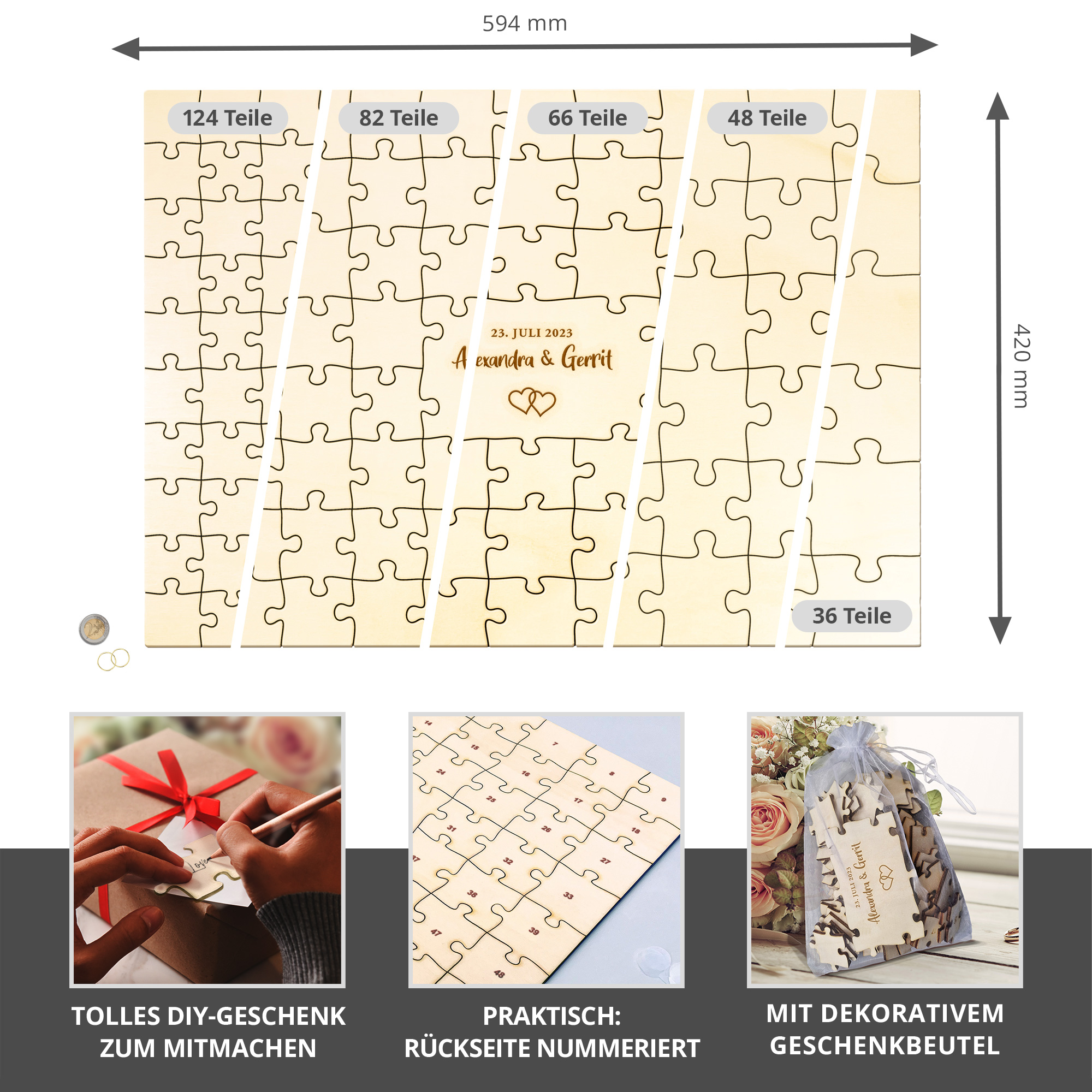 Gästebuch Puzzle - A2 - Hochzeit - Herzen - Personalisiert