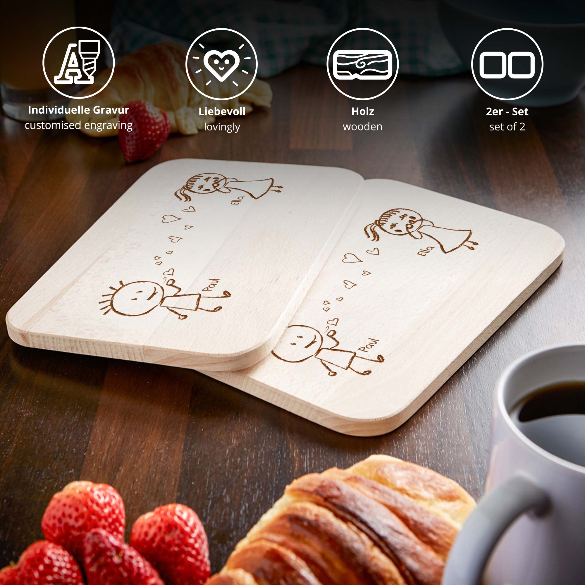 2er Set Frühstücksbrettchen mit Gravur - Liebespaar 2er Set Frühstücksbrettchen mit Gravur - Liebespaar