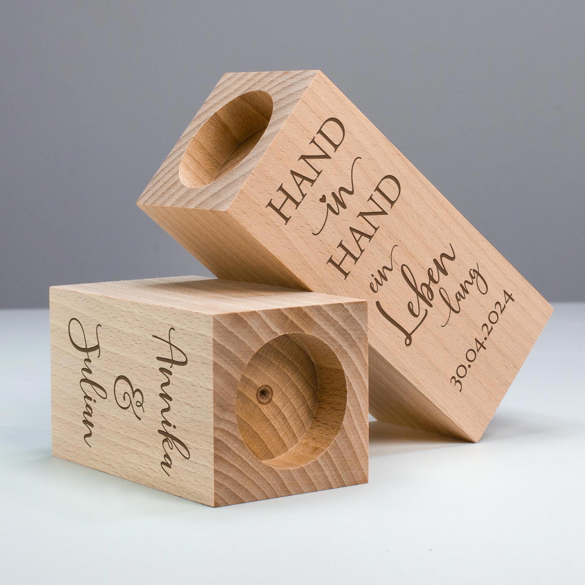 Teelichthalter Set - Eckig - Hochzeitspruch - Hand in Hand - Personalisiert