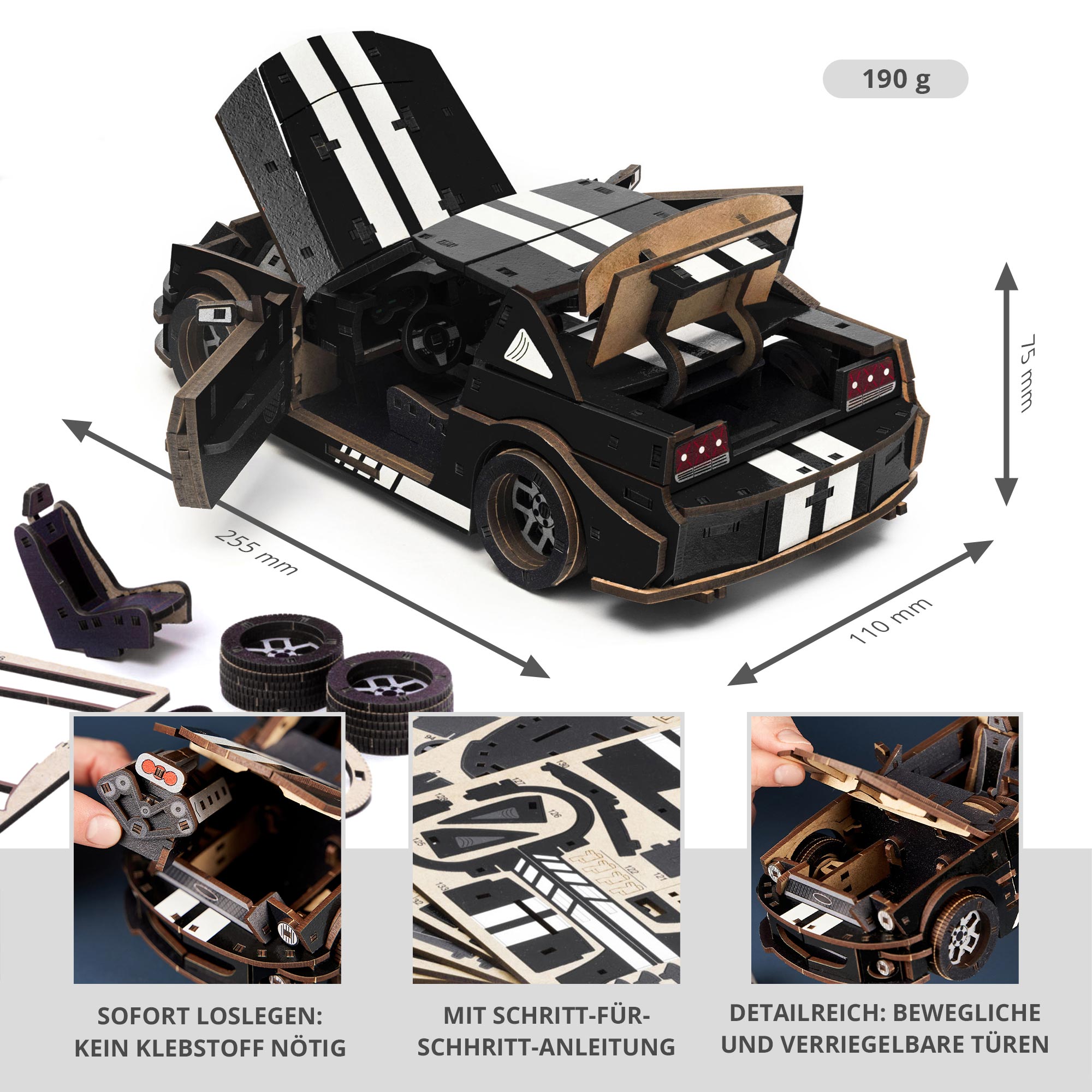 Holzpuzzle 3D - Auto - Stallion GT Schwarz