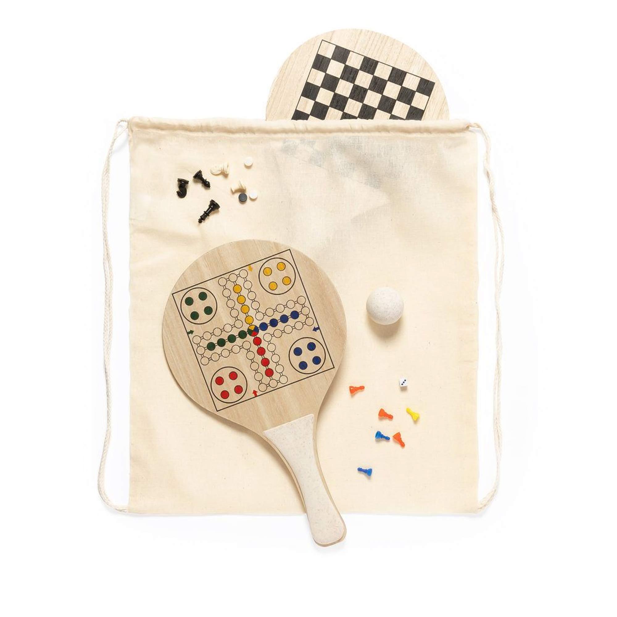 Kompaktes Beachball Set mit 2 Spielen und Baumwollbeutel