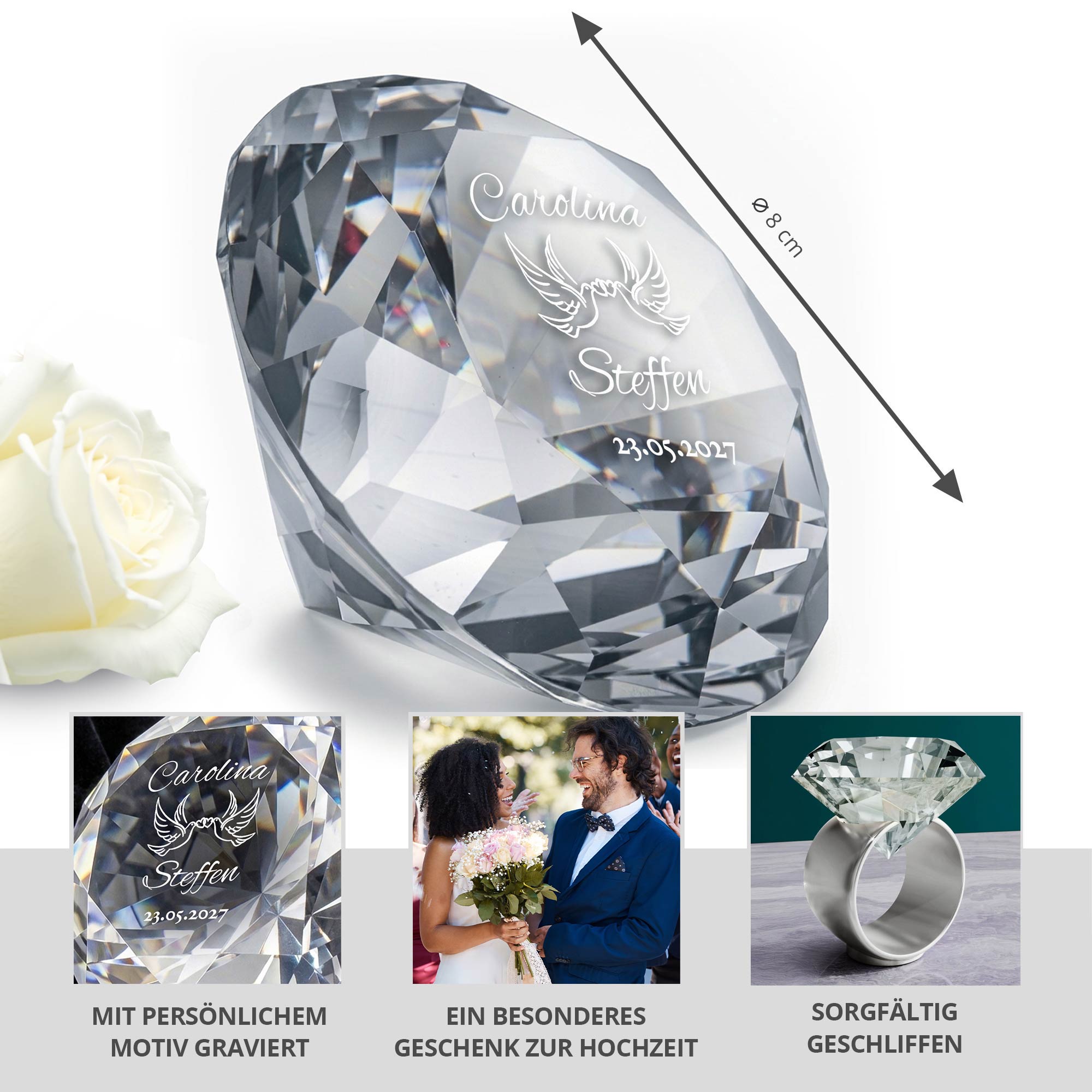 Diamant Kristall mit Liebestauben Gravur und Ring Displayständer Silber Diamant Kristall mit Liebestauben Gravur und Ring Displayständer Silber