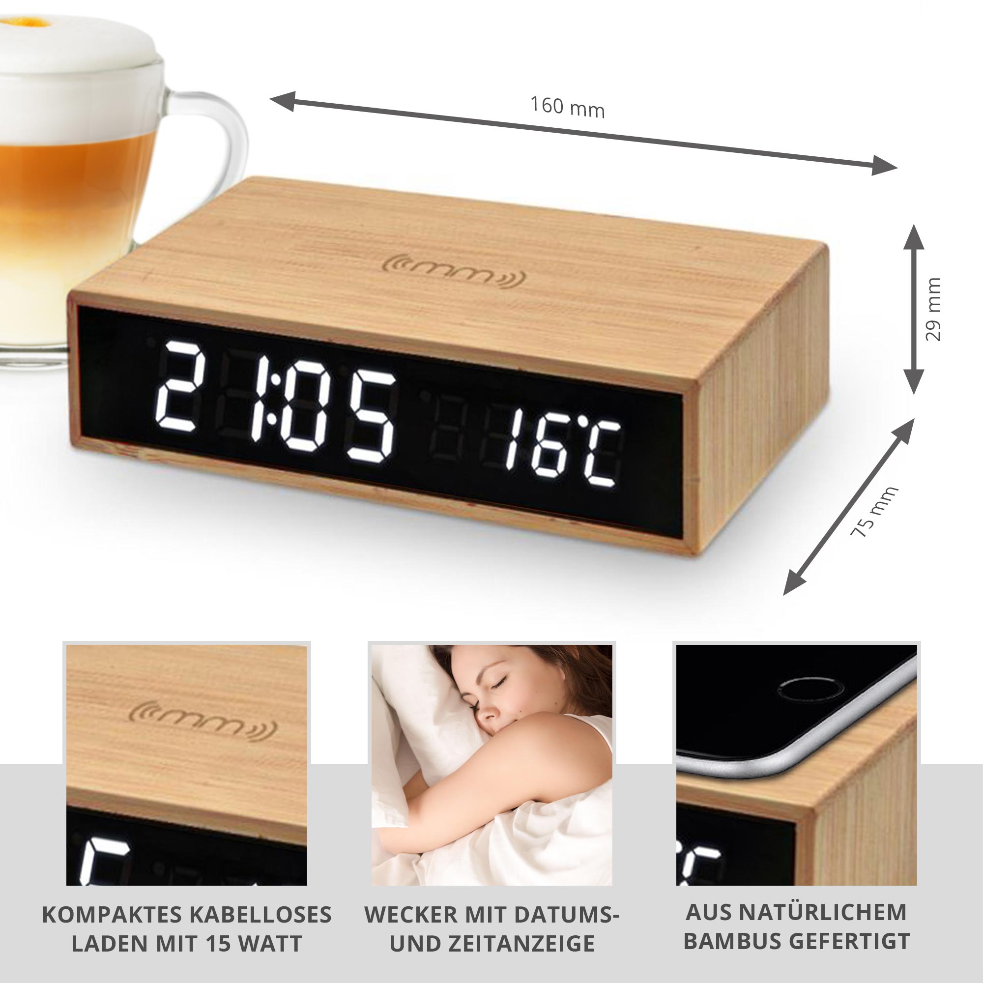 3in1 Digitaluhr mit Wecker und Ladestation für Smartphones
