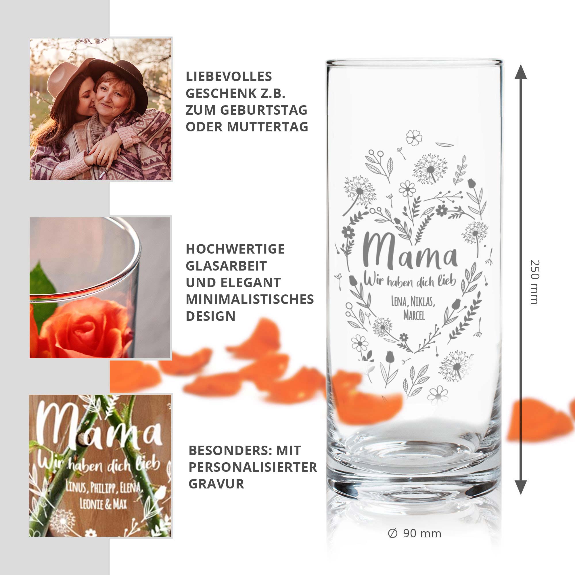 Runde Vase mit Gravur - Blumenherz für Mama