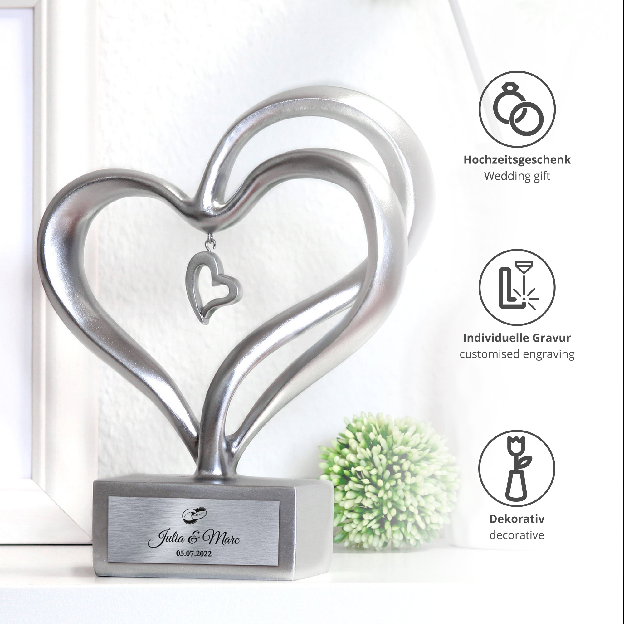 Personalisierte Silber Herz Skulptur zur Hochzeit