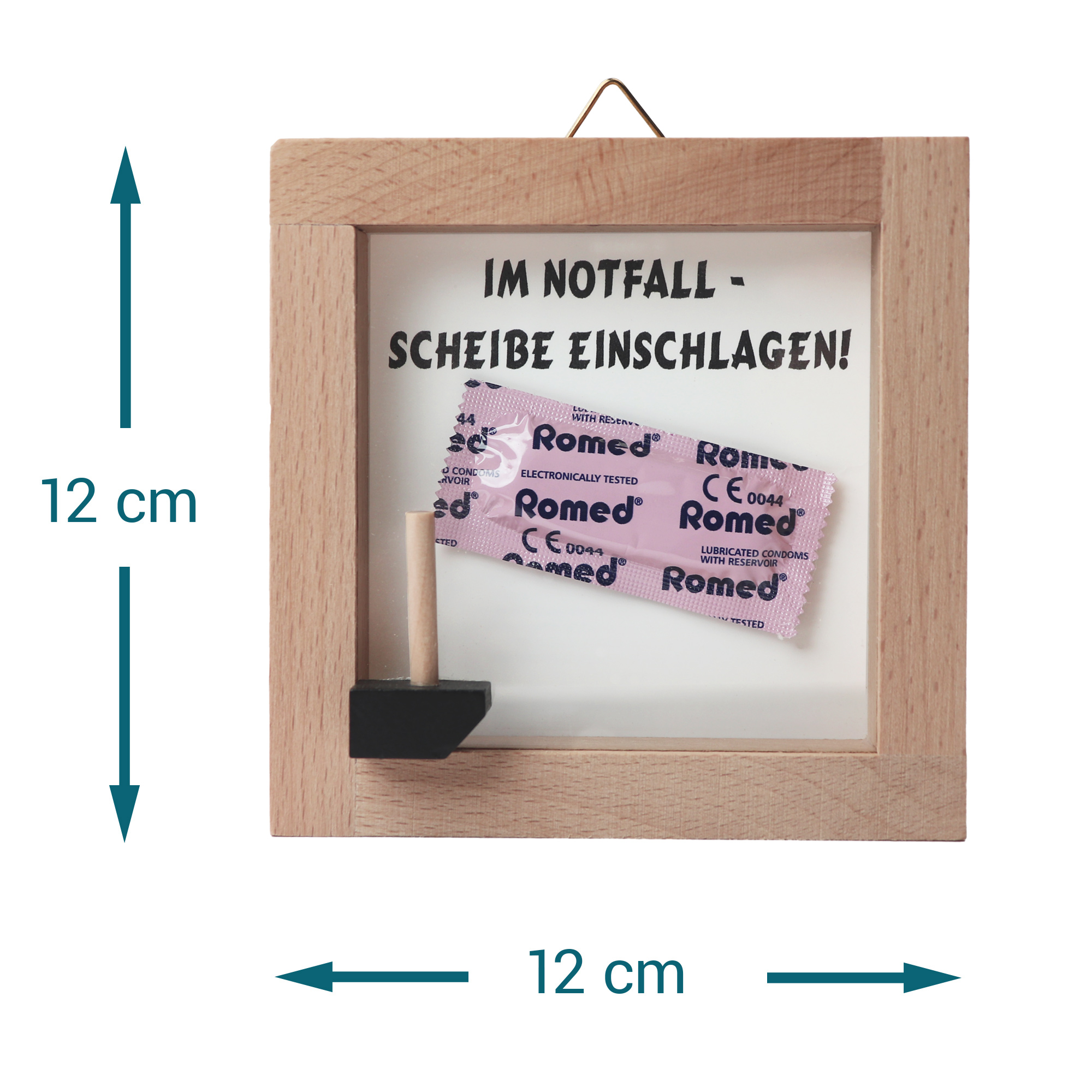 Notfall Kondom im Holzrahmen - witziger Scherzartikel zum Verschenken