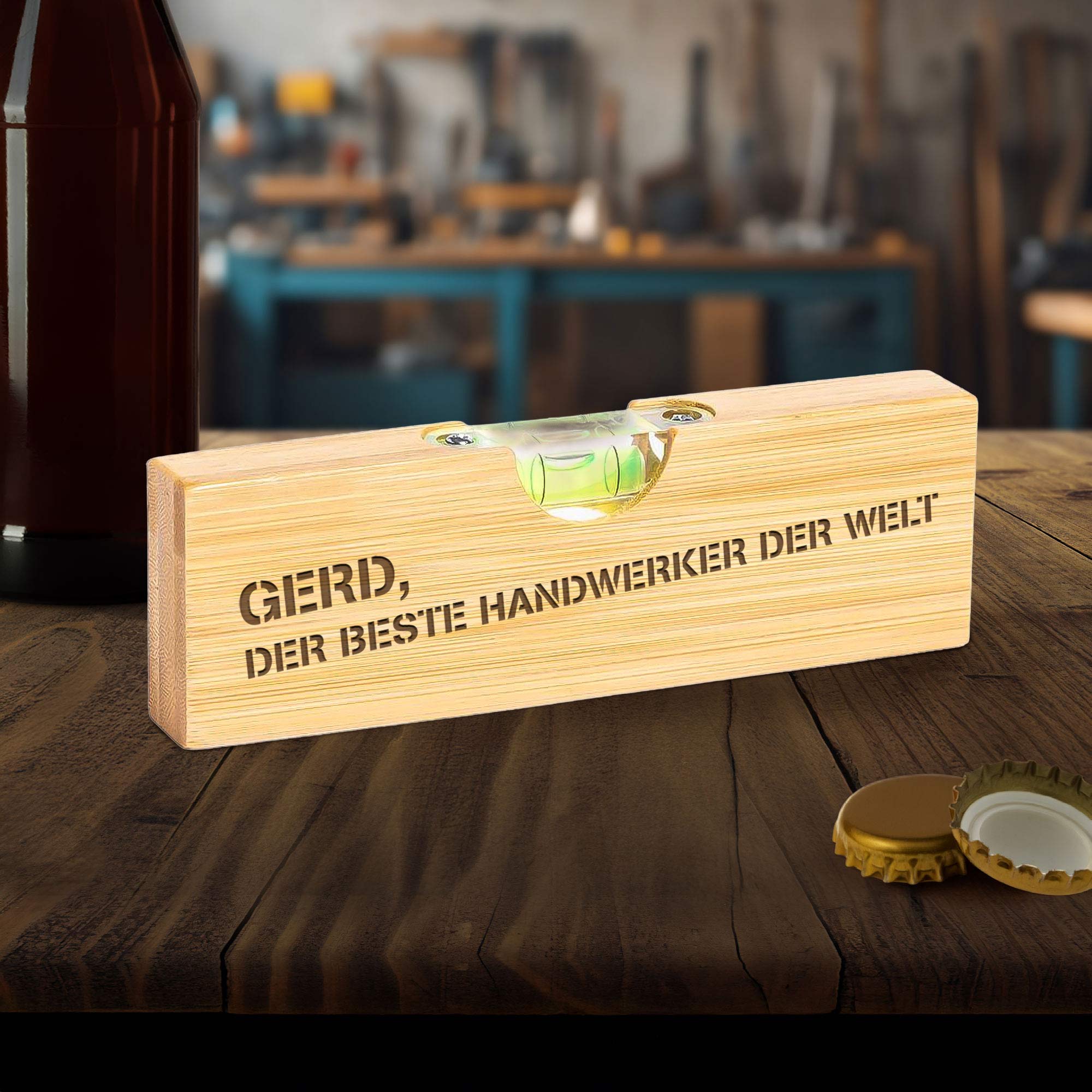 Wasserwaage mit Flaschenöffner - graviert Wasserwaage mit Flaschenöffner - graviert