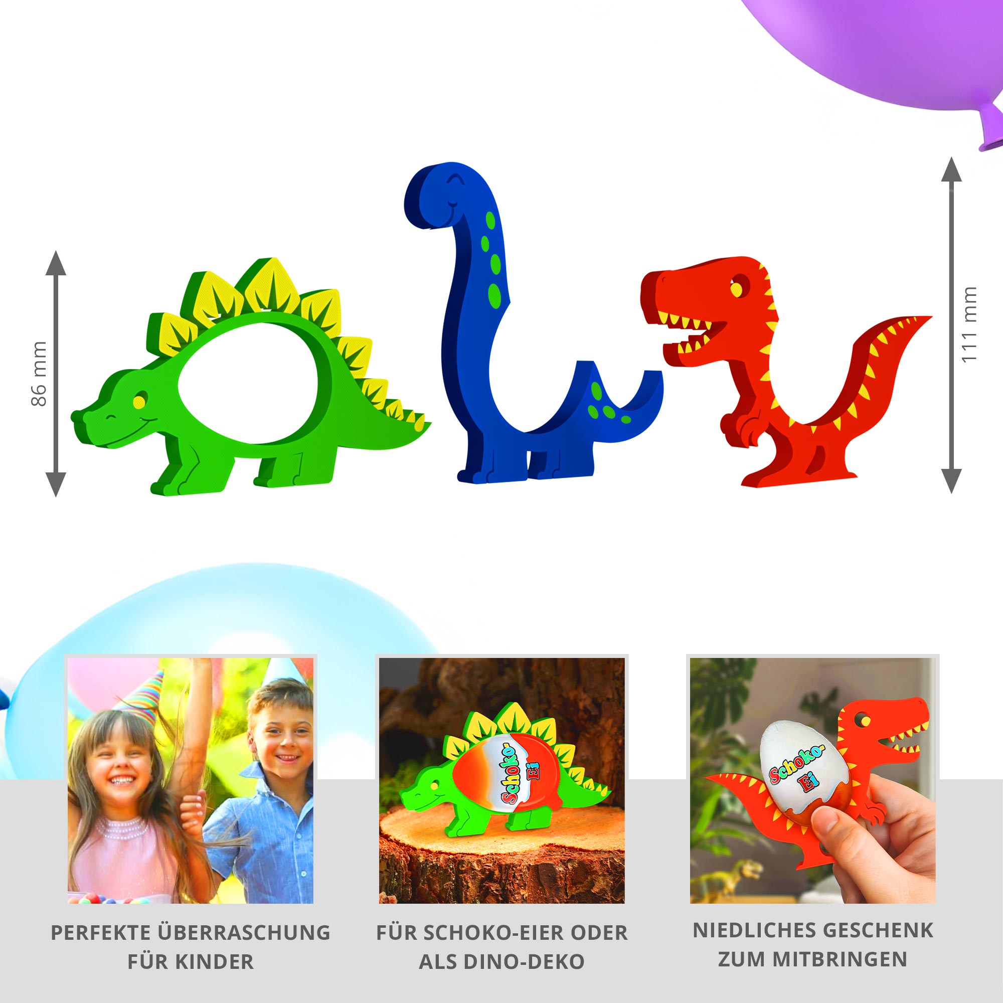 Dinosaurier Ü-Ei Halter Bunt - 3er Set Dinosaurier Ü-Ei Halter Bunt - 3er Set
