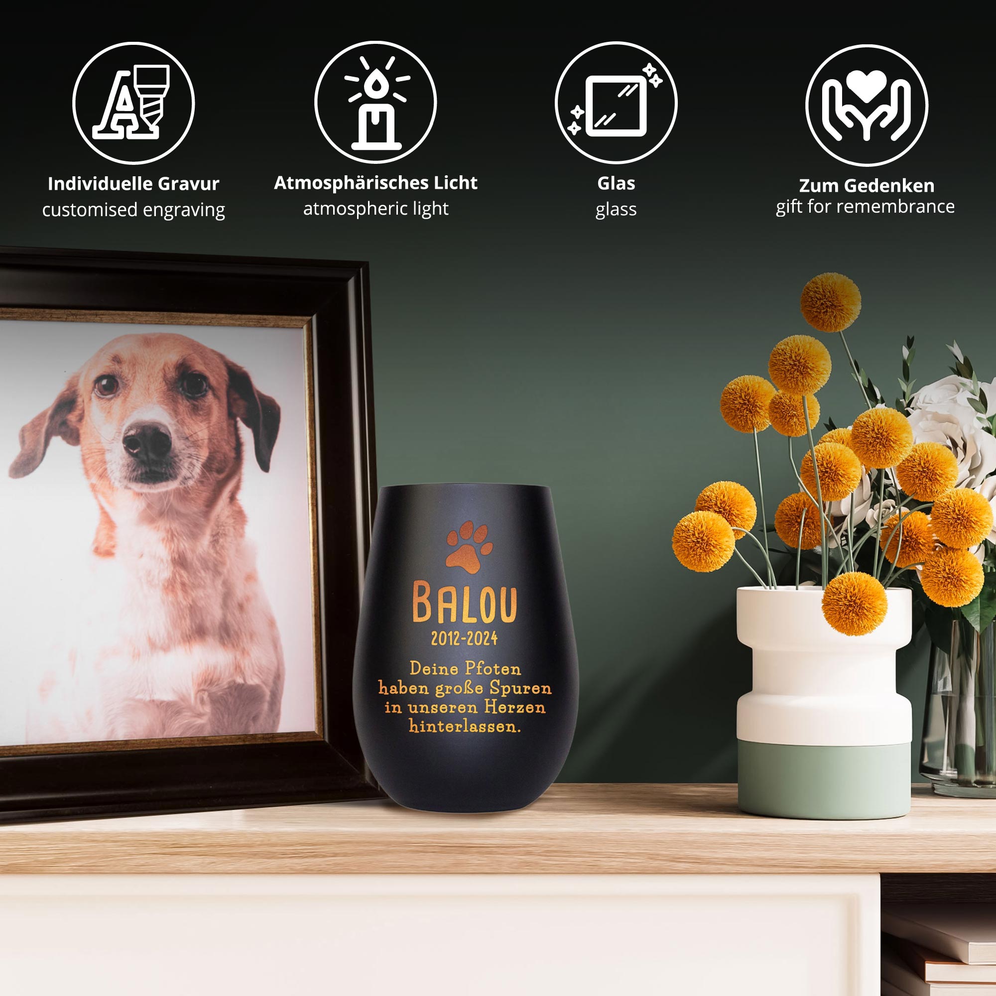 Schwarzes Windlicht zur Trauer für Hund - Bronze