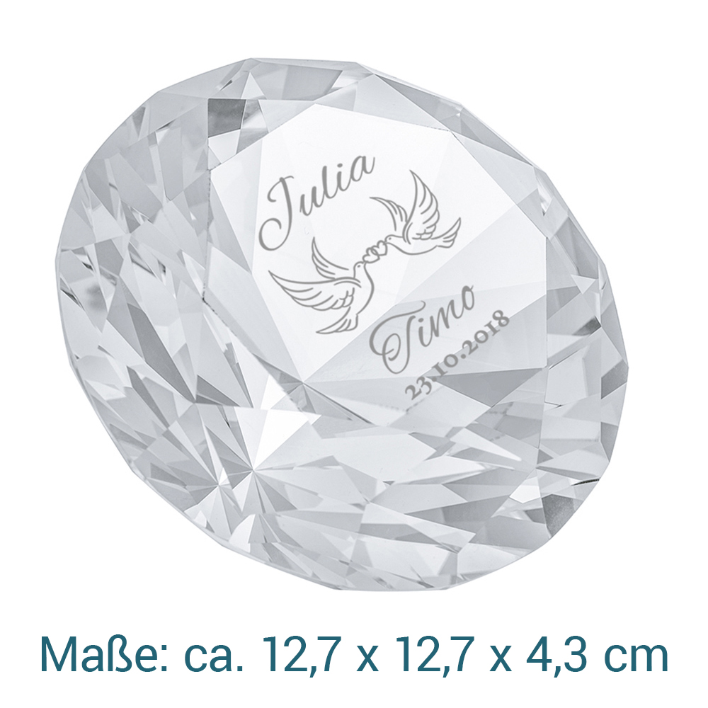 Diamant Kristall mit Gravur zur Hochzeit - Liebestauben