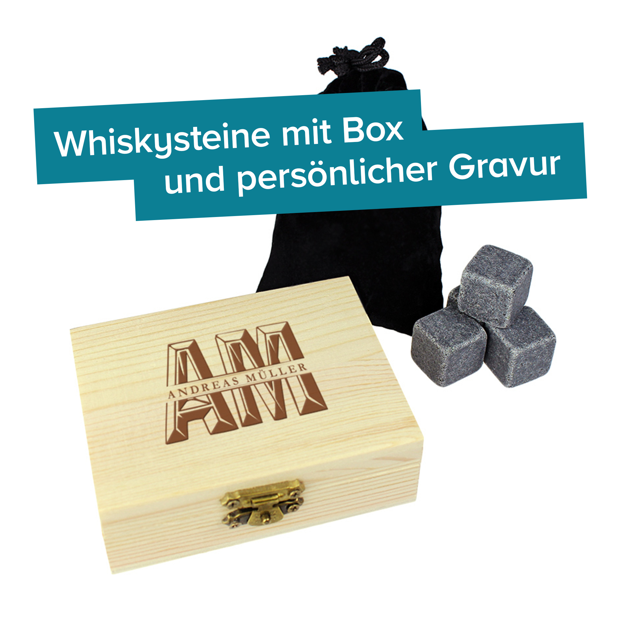 Whisky Steine in Holzkiste mit Gravur - XL Initialen 4161 - 1