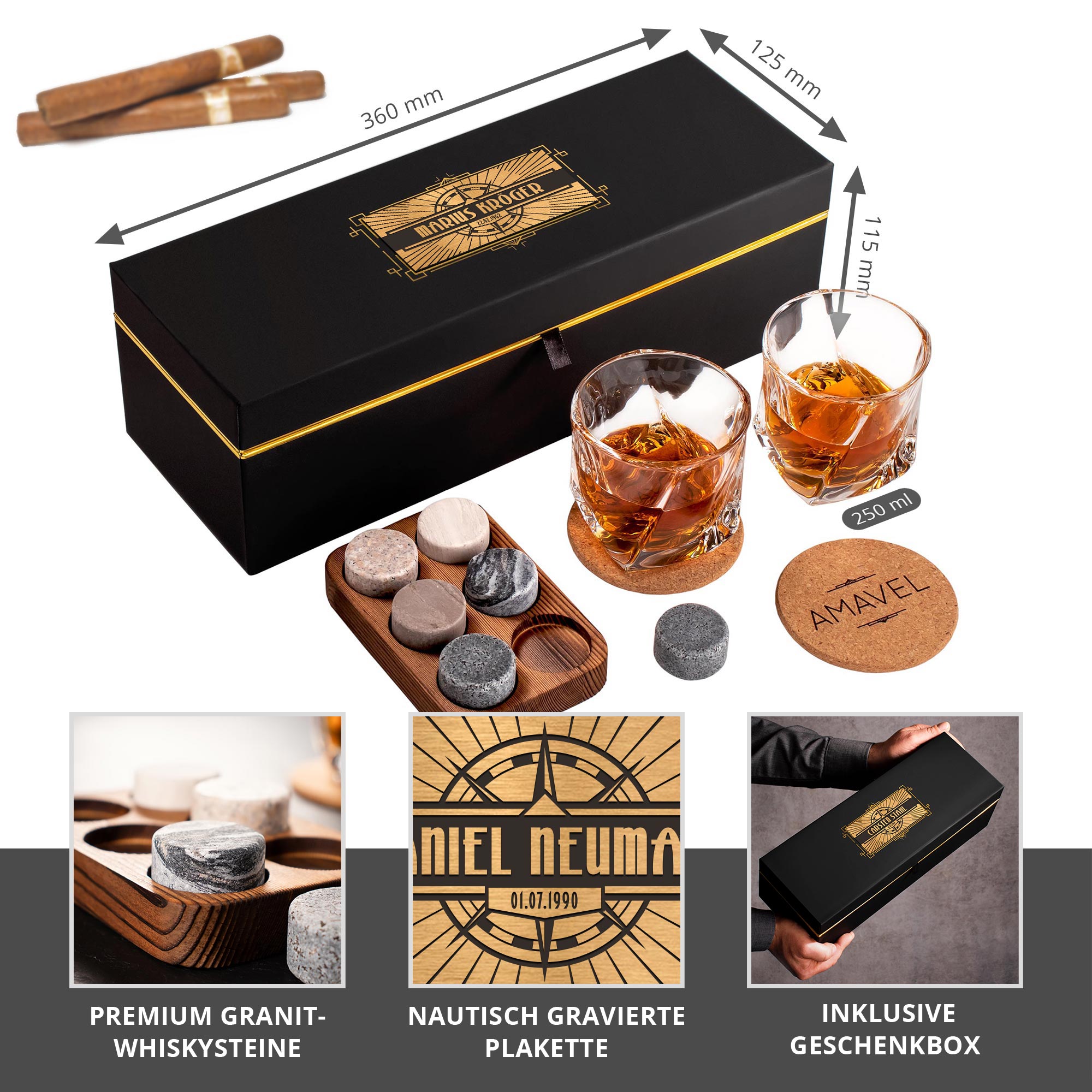 Whisky Set in edler Geschenkbox mit Gravur - Kompass