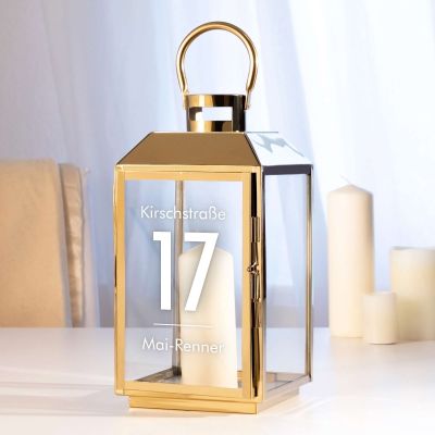 Gold Laterne mit moderner Gravur - Name und Adresse