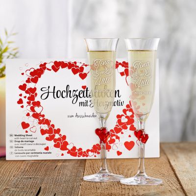 Hochzeitslaken Herzmotiv & Herzen Sektgläser - Liebestauben