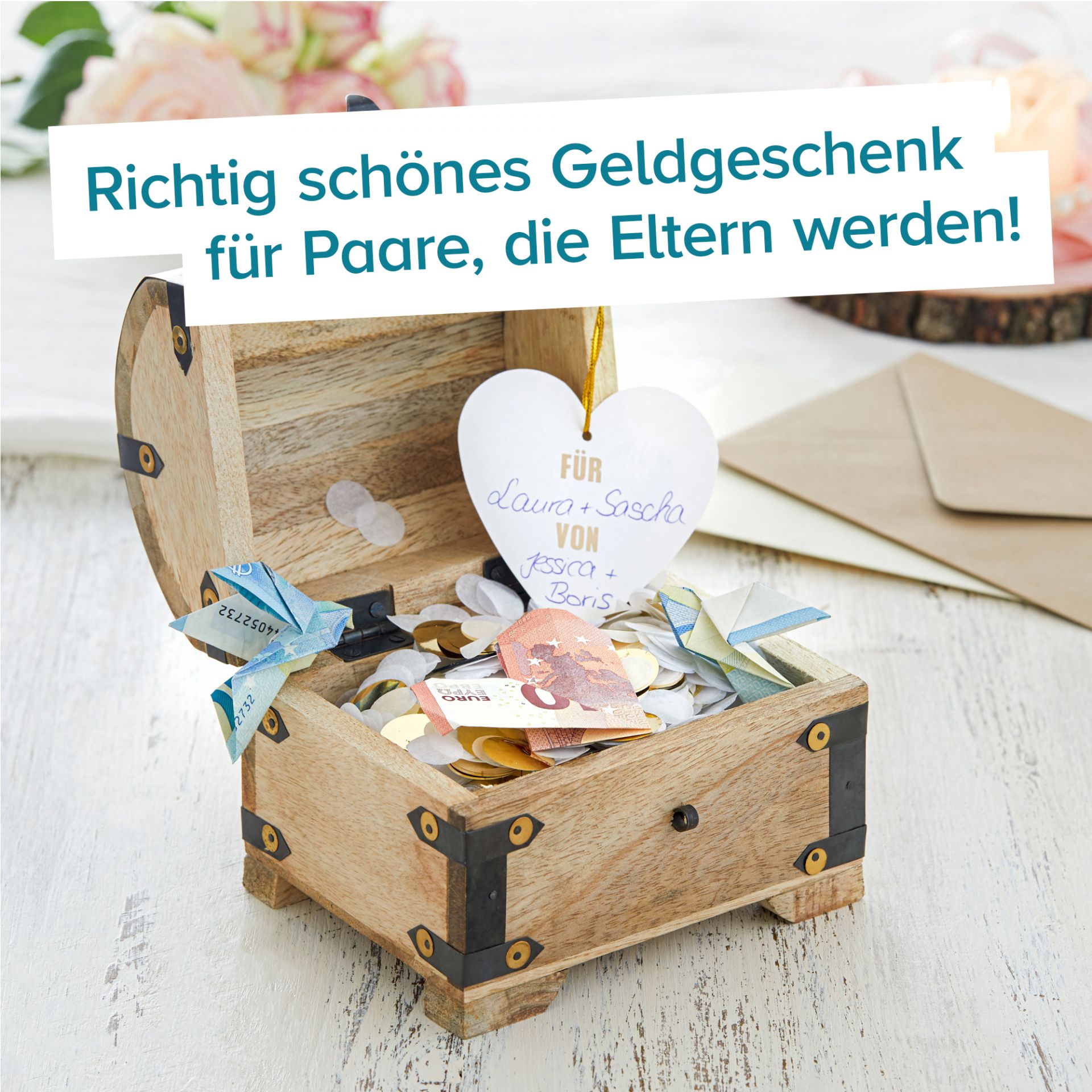 Geld Schatztruhe zur Geburt mit personalisierten Gravur