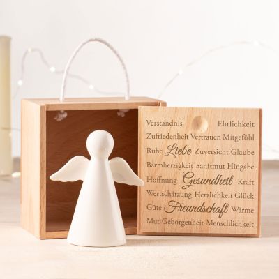 Porzellan Engel in Holzbox - Wünsche