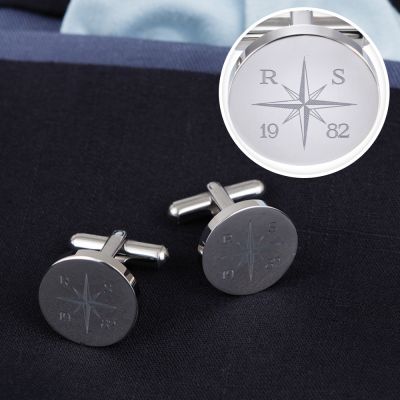Manschettenknöpfe Silber - rund - Kompass mit Gravur