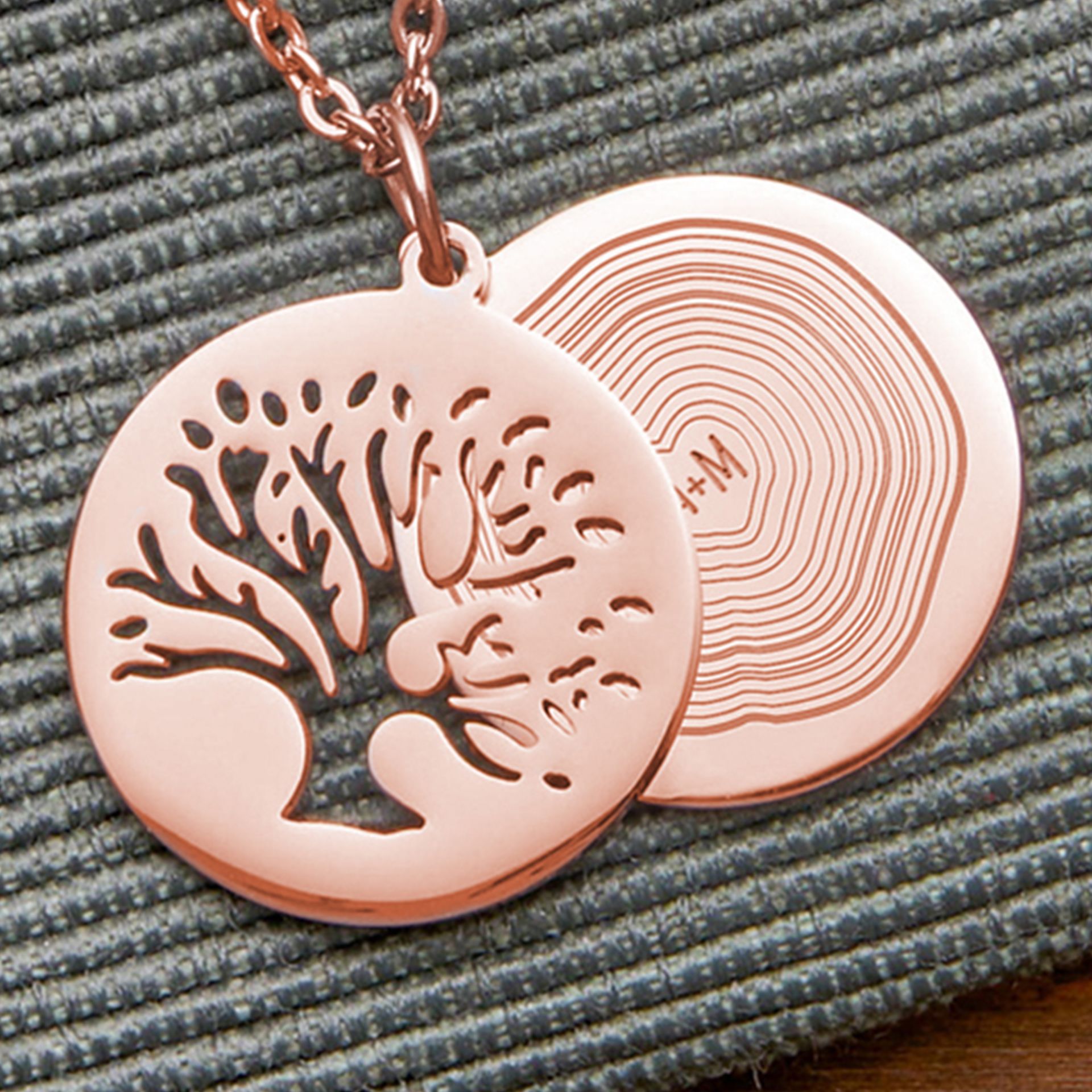 Kettenanhänger Rosegold - Baum und Jahresringe mit