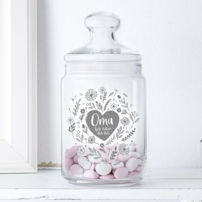 Bonbonglas mit Gravur - Blumenherz Oma