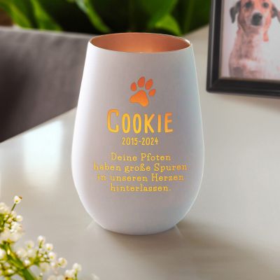 Weißes Windlicht zur Trauer für Hund - Bronze