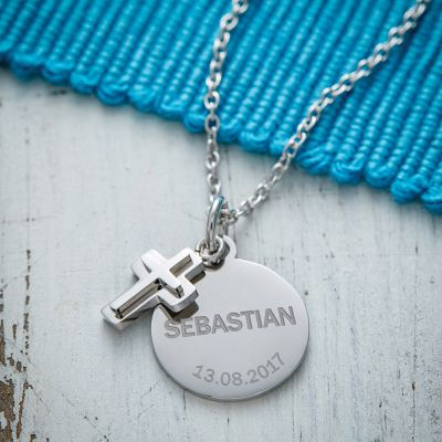 Runder Kettenanhänger mit Kreuz Silber - Name und