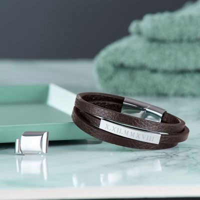 Gewickeltes Lederarmband braun - Römische Zahlen