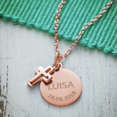 Runder Kettenanhänger mit Kreuz Rosegold - Name und