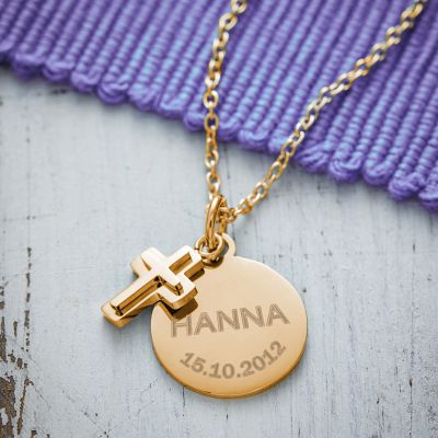 Runder Kettenanhänger mit Kreuz Gold - Name und