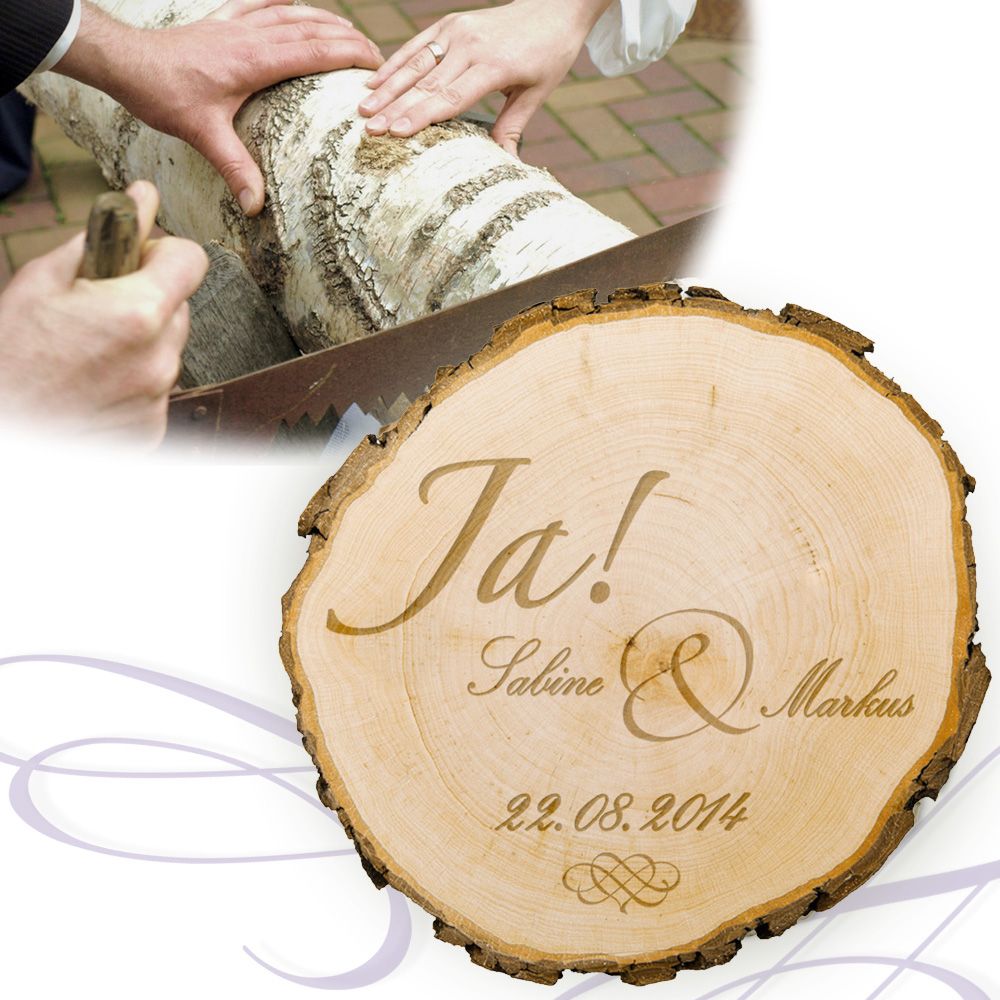 Baumscheibe zur Hochzeit Jawort Gravur und Deine Wunschnamen