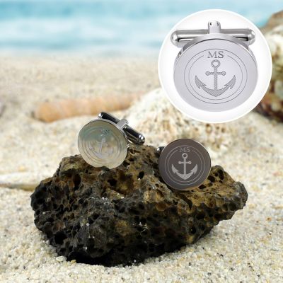 Manschettenknöpfe Silber Anker - rund - Initialen