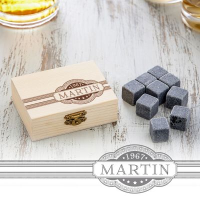 Whisky Steine in Holzkiste mit Gravur - Banderole