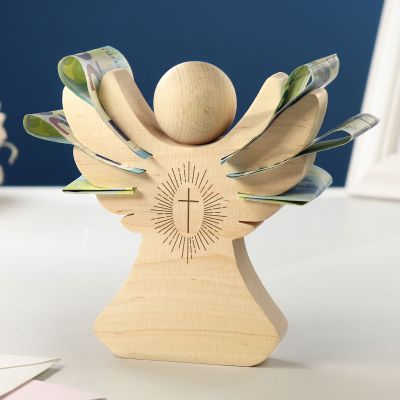 Holzengel mit Gravur - Kreuz