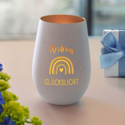Weißes Windlicht mit Gravur Glückslicht - Bronze