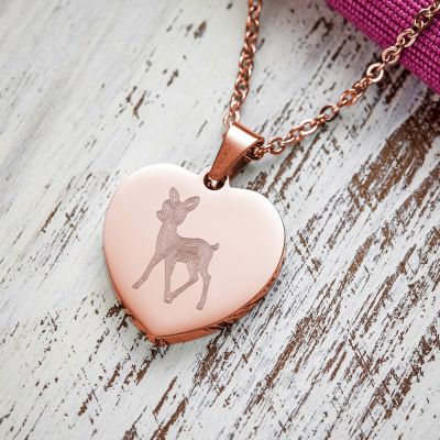 Herzanhänger Rosegold graviert mit Kette - Reh mit