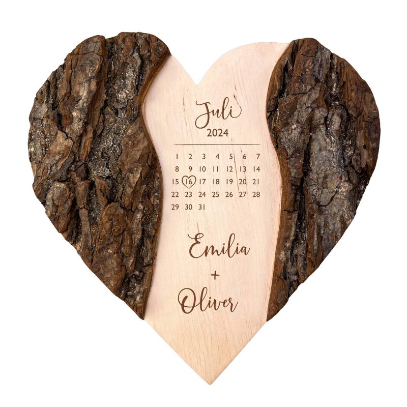 Holzherz mit Gravur zur Hochzeit - Kalender mit Hochzeitstag